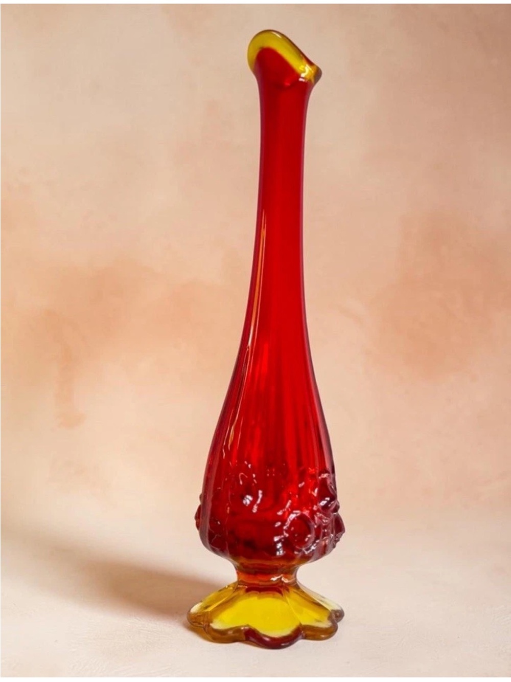 Vintage Mid Century Amberina Swung Glass Vase MCM Orange Floral